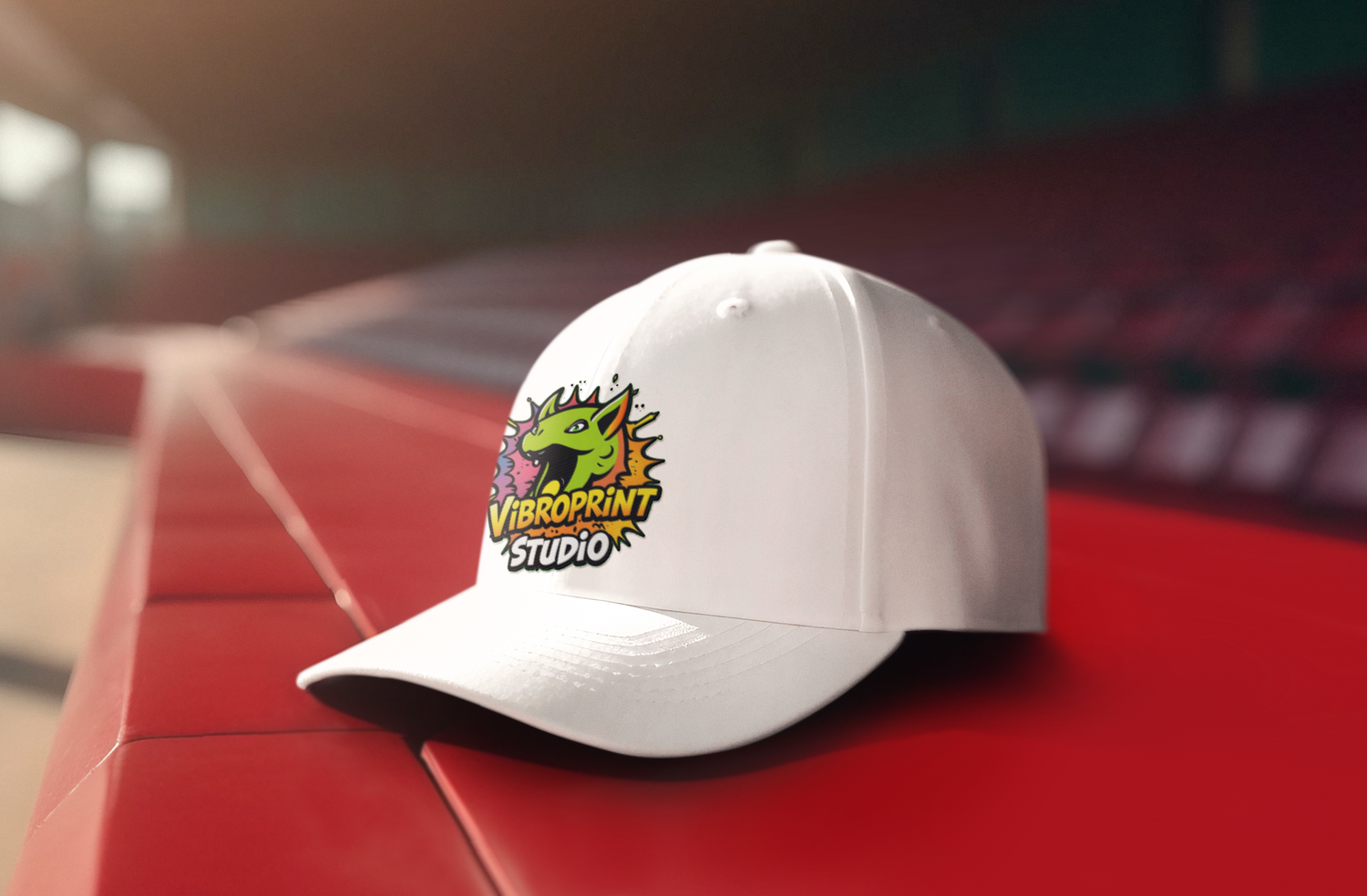 White snapback hat with colorful Vibroprint Studio dragon logo on the front, displayed on a red background, capturing a trendy and artistic vibe.