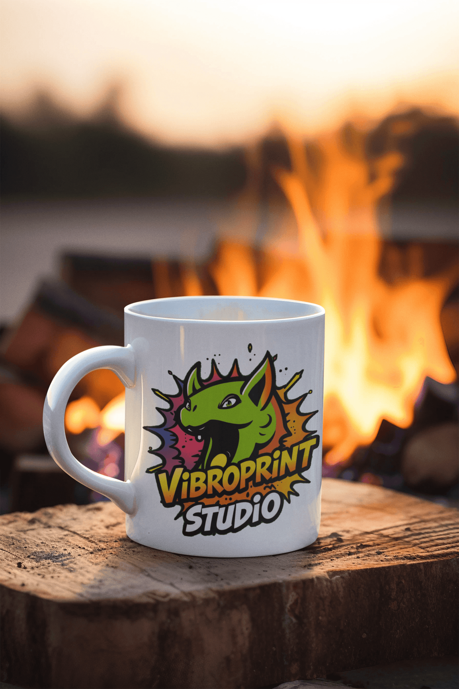 White coffee mug with a colorful dragon design from Vibroprint Studio, placed on a wooden stump by a cozy campfire, enhancing a warm, artistic atmosphere.