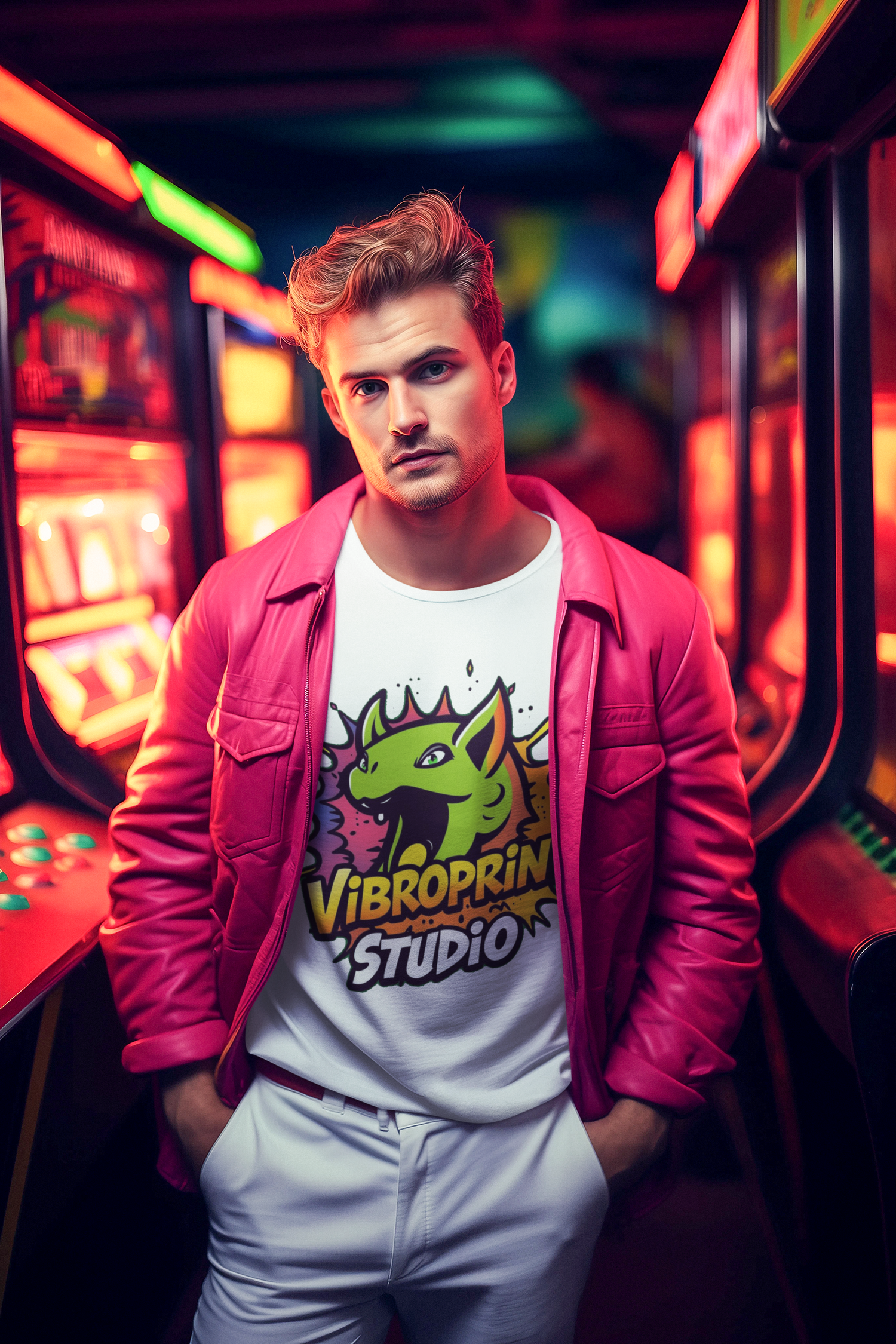 Stylish man in a vibrant arcade wearing a white T-shirt from Vibroprint Studio, featuring a colorful dragon design, showcasing urban and artistic apparel.