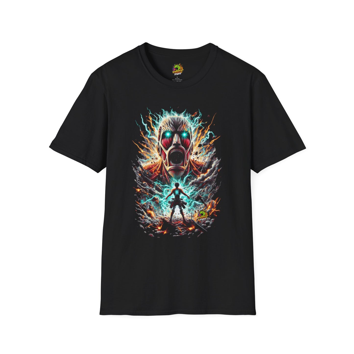 Eren Yeager in mid-transformation into the Attack Titan, showcasing his unparalleled strength on a high-quality black t-shirt, designed by Vibroprint Studio.

