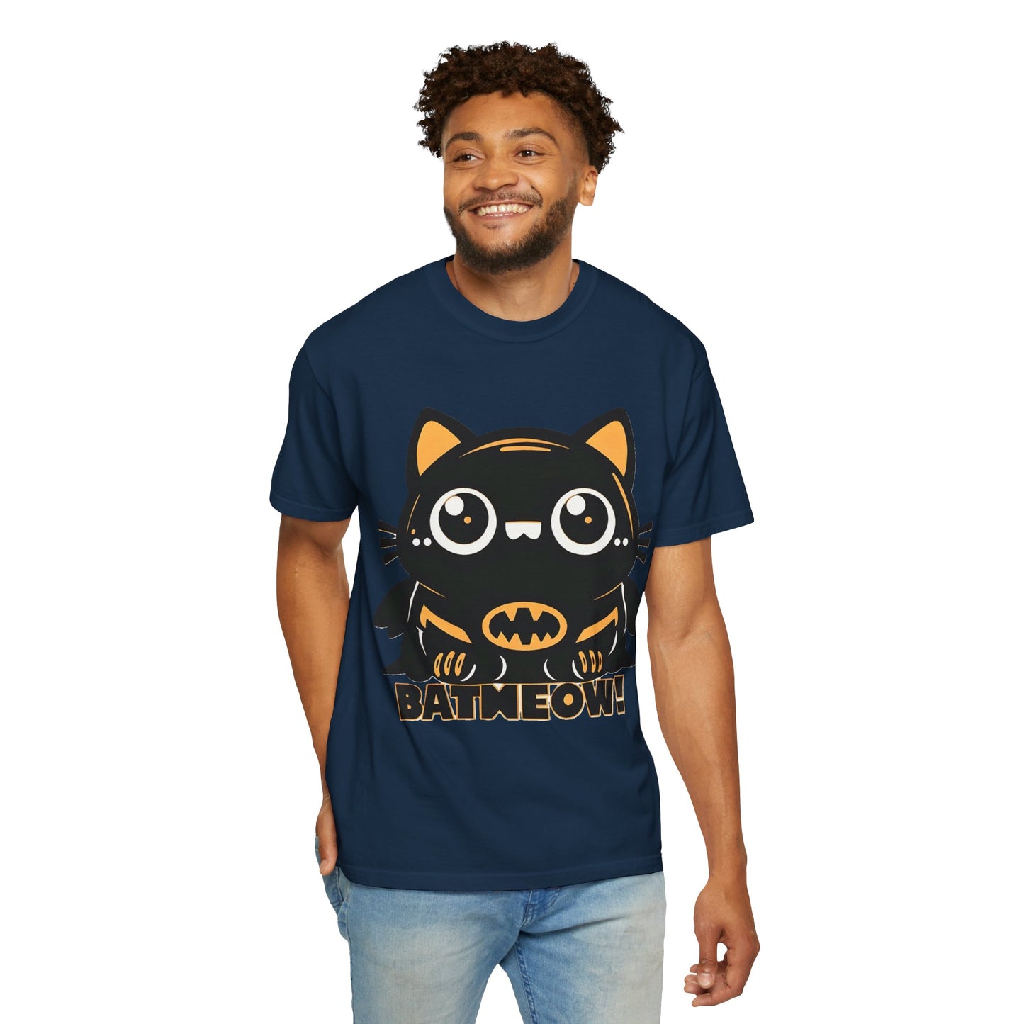 Superhero Cat T-Shirt - Cute Batman-Inspired Parody Design for Cat Lovers - High Quality Image