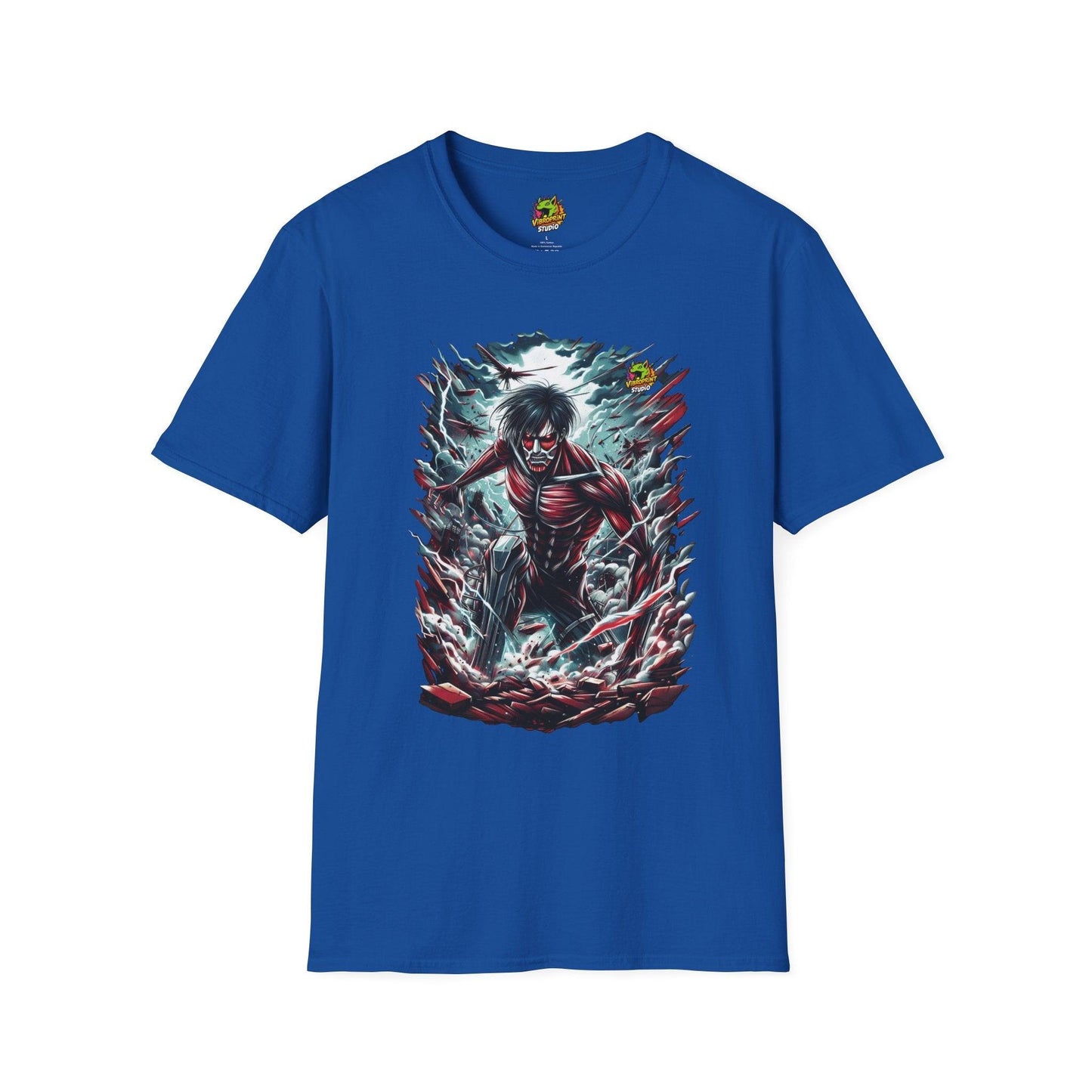 Eren Yeager in mid-transformation into the Attack Titan, symbolizing his awakening and the unleashing of his power on a high-quality black t-shirt, designed by Vibroprint Studio.