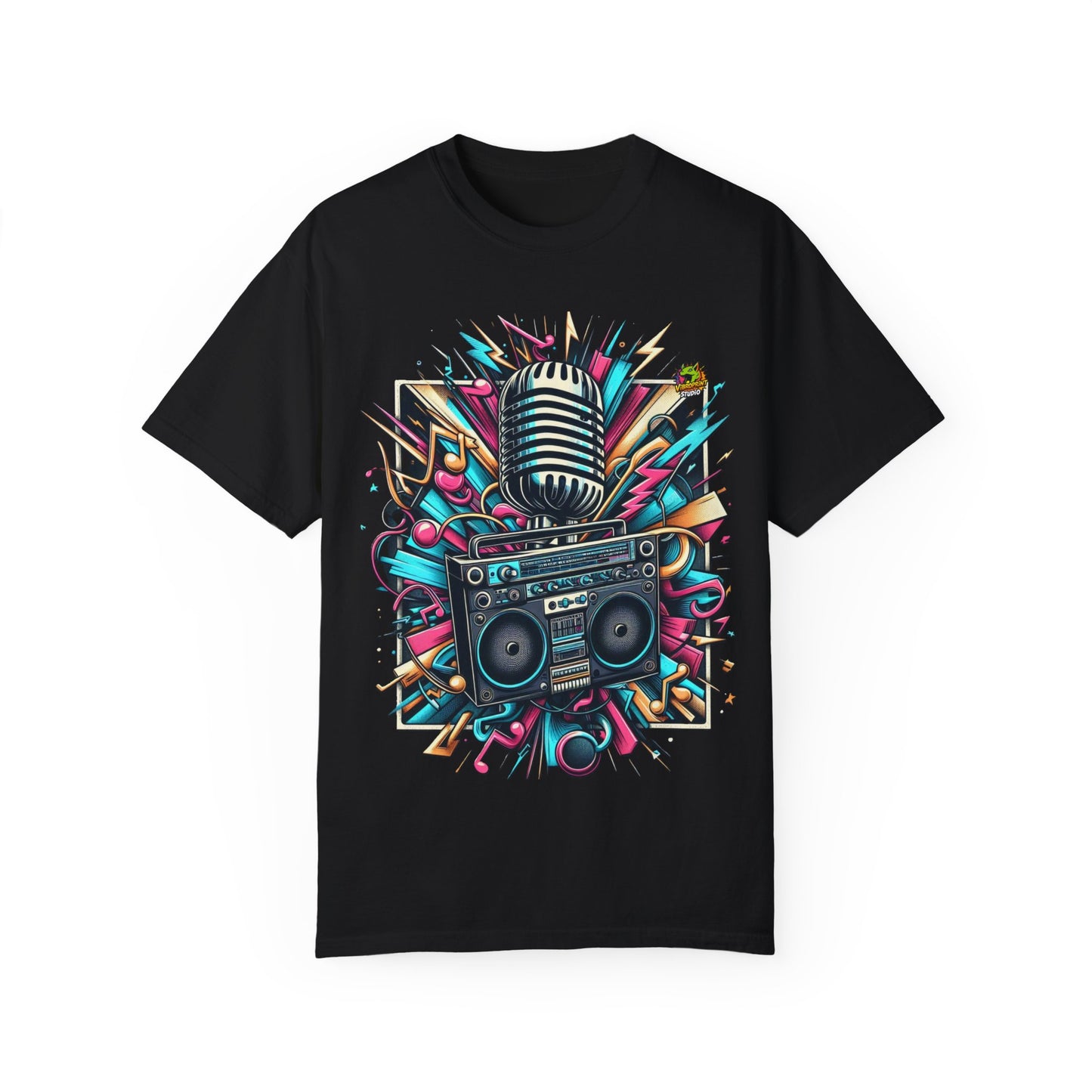 Vintage Boombox & Microphone Rapper Merch | Hip-Hop Beats Fusion T-Shirt - High Quality Image