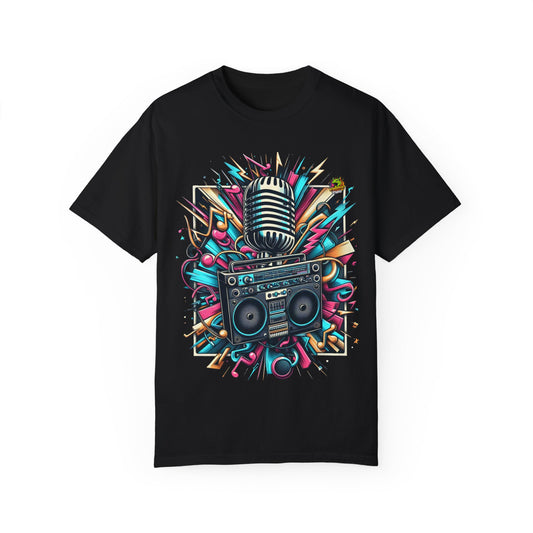 Vintage Boombox & Microphone Rapper Merch | Hip-Hop Beats Fusion T-Shirt - High Quality Image