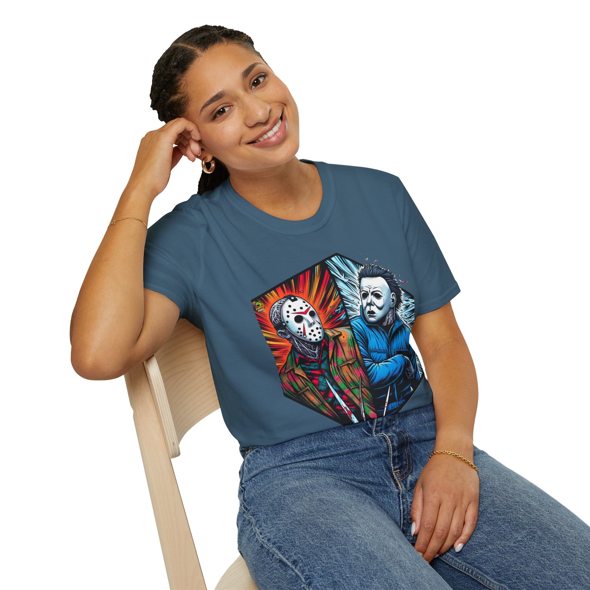 horror-themed apparel - Funny Jason & Michael Myers Shirt | Halloween Horror T-Shirt - bold design. premium horror movie t-shirt for spooky occasions. Order yours now and stand out with this exclusive piece!