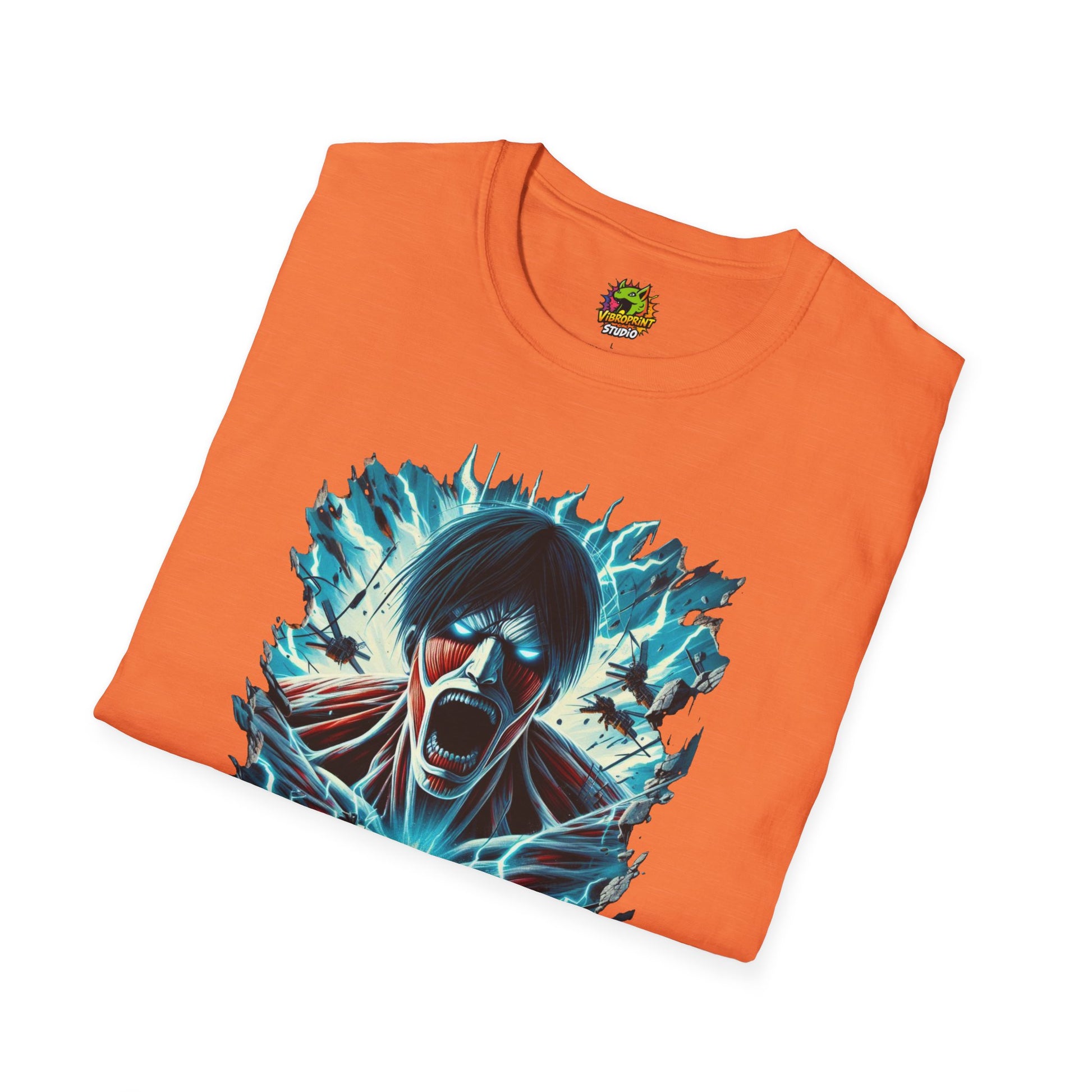 Eren Yeager mid-transformation into the Attack Titan, showcasing his unstoppable fury, on a high-quality black t-shirt, designed by Vibroprint Studio.