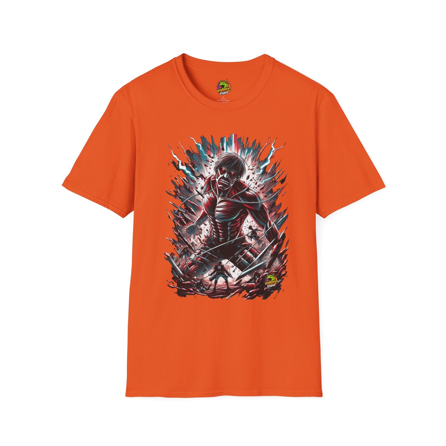 Eren Yeager mid-transformation into the Attack Titan, showcasing his wrath and fury, on a high-quality black t-shirt, designed by Vibroprint Studio.