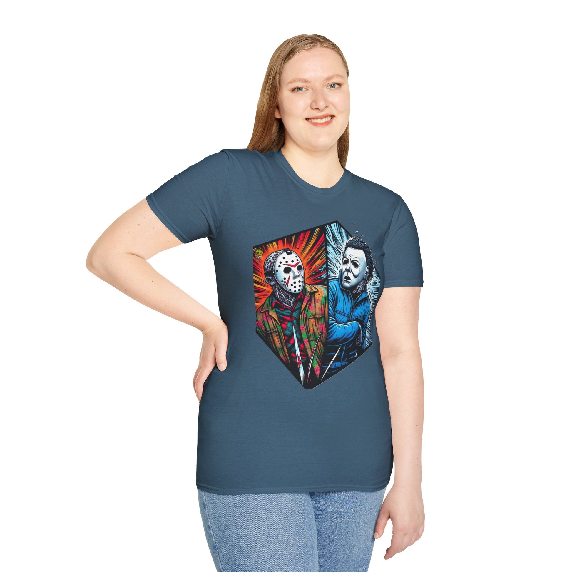 spooky season fashion - Funny Jason & Michael Myers Shirt | Halloween Horror T-Shirt - limited edition. unique graphic tee featuring iconic horror characters. Order yours now and stand out with this exclusive piece!