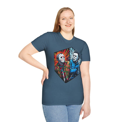 spooky season fashion - Funny Jason & Michael Myers Shirt | Halloween Horror T-Shirt - limited edition. unique graphic tee featuring iconic horror characters. Order yours now and stand out with this exclusive piece!