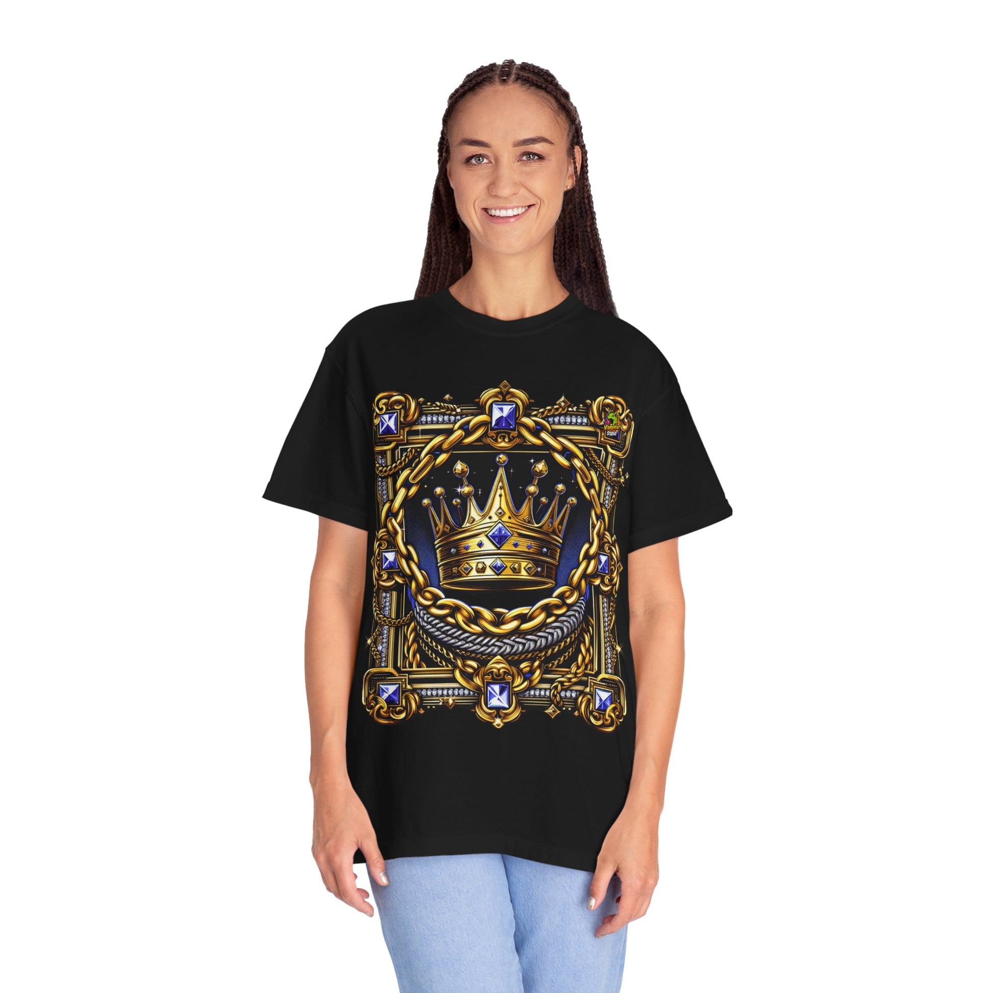 with - Rapper Merch with Gold Chains & Crown Design | Hip-Hop Royalty T-Shirt - premium material. perfect gift idea. Order yours now and stand out with this exclusive piece!