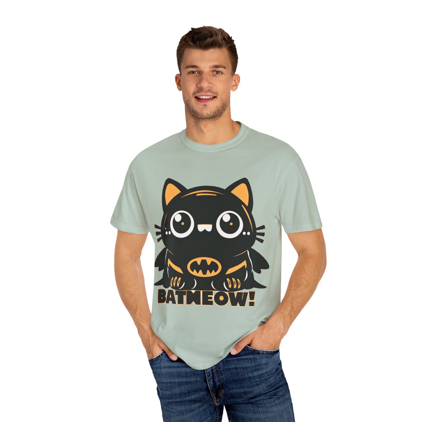 Superhero Cat T-Shirt - Cute Batman-Inspired Parody Design for Cat Lovers - High Quality Image