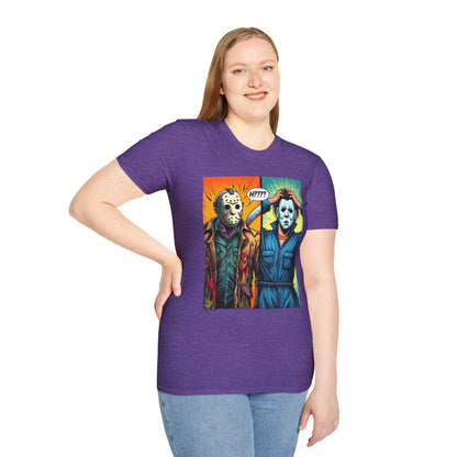 spooky season fashion - Jason Voorhees & Michael Myers Shirt | Funny Halloween Picnic Tee - vintage aesthetic. unique graphic tee featuring iconic horror characters. Order yours now and stand out with this exclusive piece!