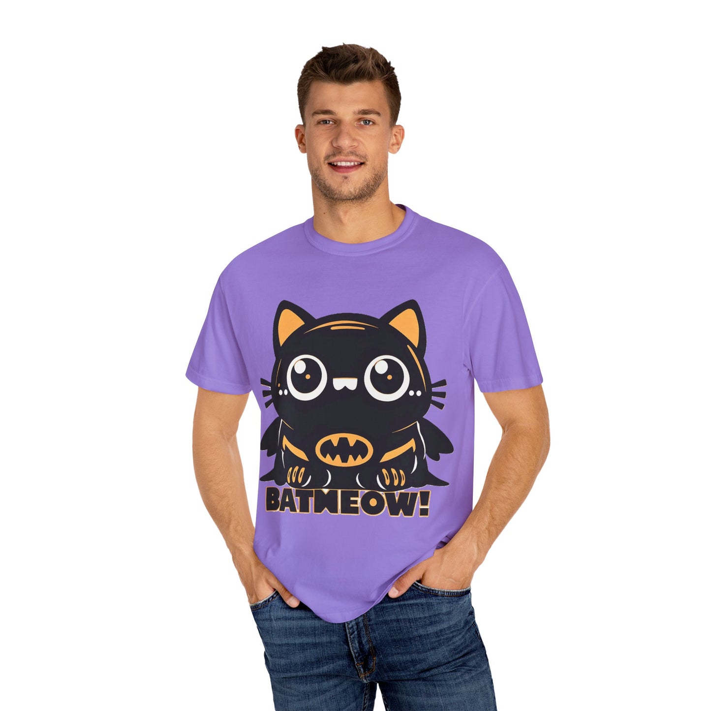 Superhero Cat T-Shirt - Cute Batman-Inspired Parody Design for Cat Lovers - High Quality Image