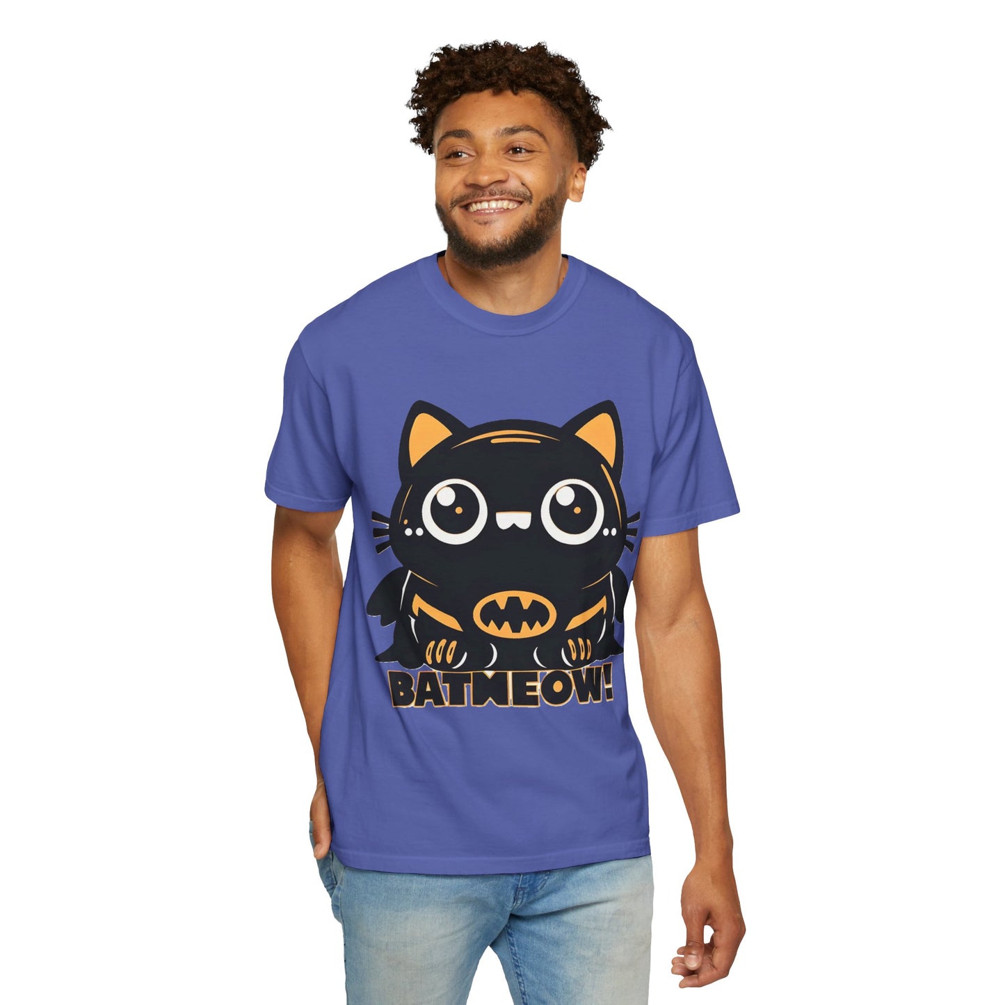 Superhero Cat T-Shirt - Cute Batman-Inspired Parody Design for Cat Lovers - High Quality Image