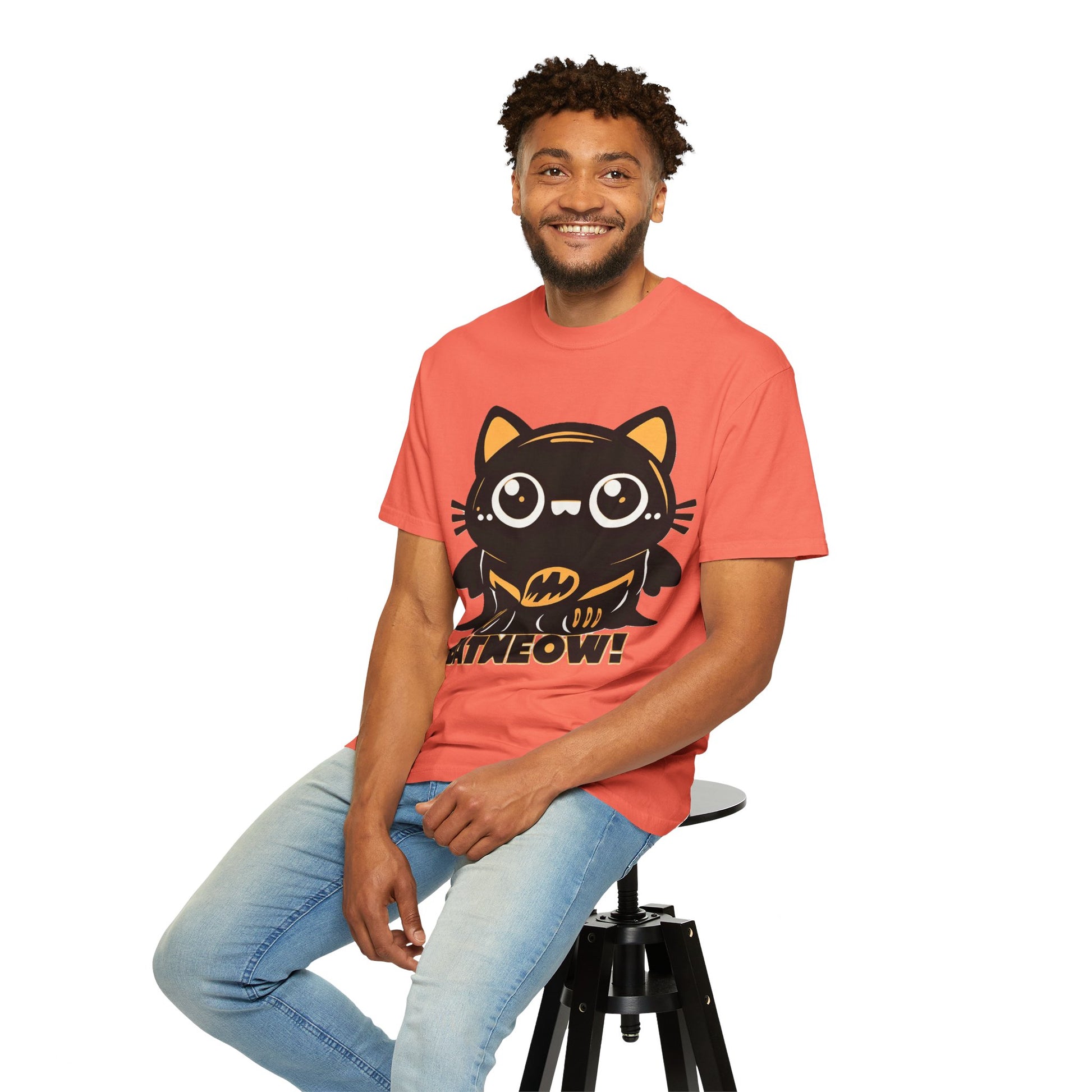 Superhero Cat T-Shirt - Cute Batman-Inspired Parody Design for Cat Lovers - High Quality Image