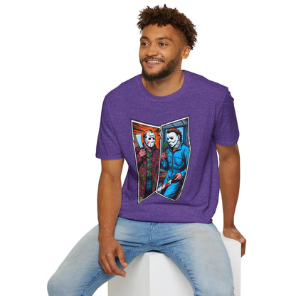 horror-themed apparel - Jason Voorhees & Michael Myers Shirt | Funny Halloween Horror Tee - high-quality material. limited edition vintage horror design. Order yours now and stand out with this exclusive piece!