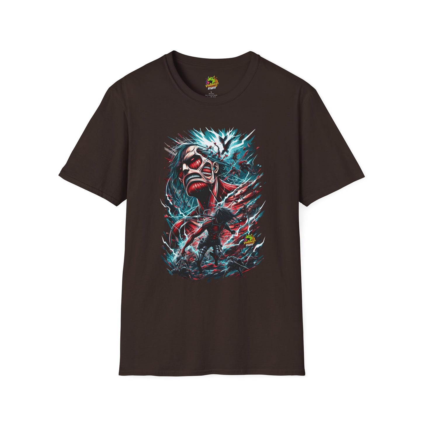 Eren Yeager mid-transformation into the Attack Titan, showcasing his unshakable resolve, on a high-quality black t-shirt, designed by Vibroprint Studio.