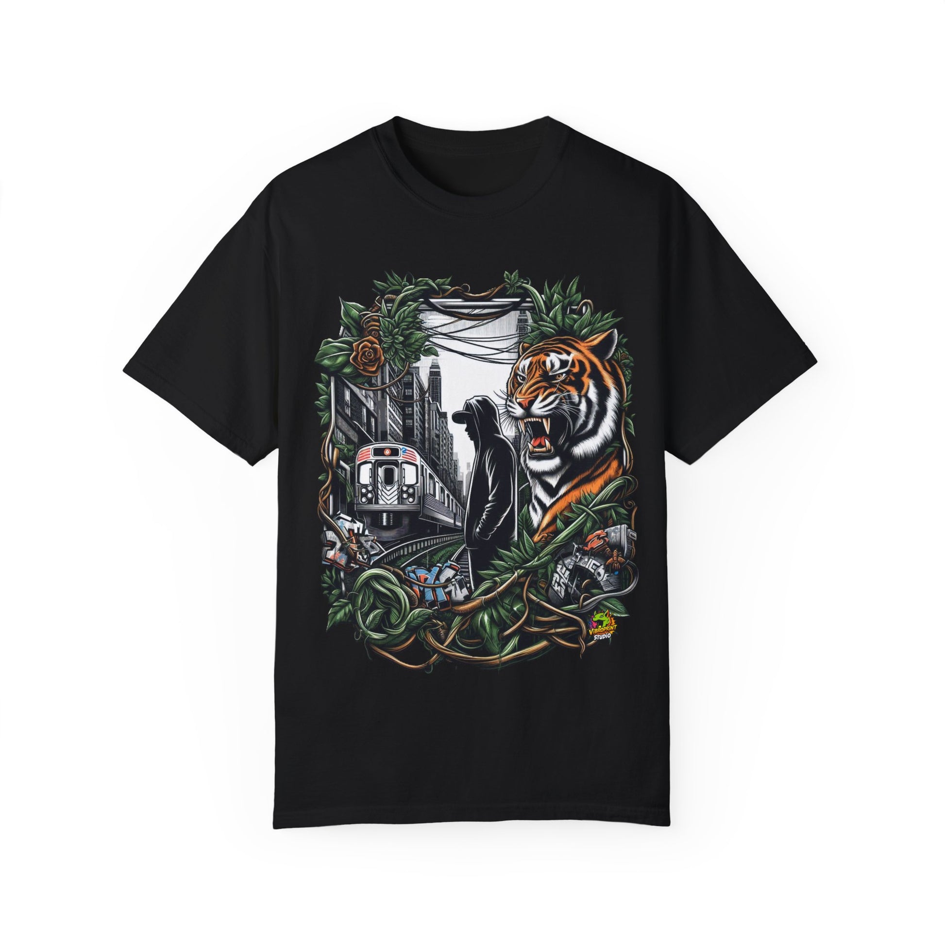 Urban Jungle Rapper Merch | Hip-Hop Cityscape Meets Nature T-Shirt Design - High Quality Image