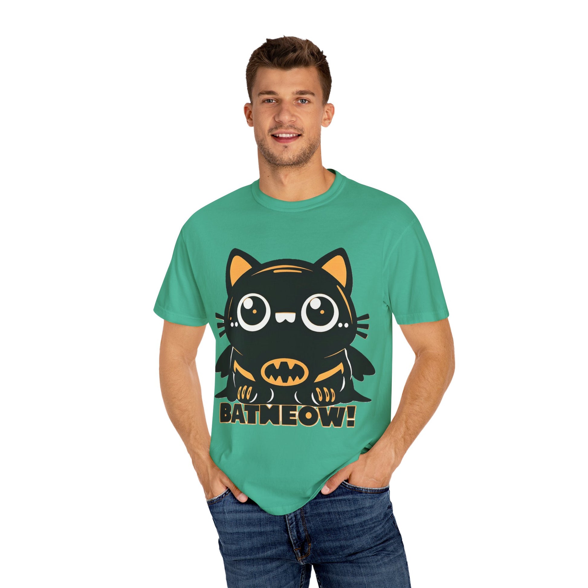 Superhero Cat T-Shirt - Cute Batman-Inspired Parody Design for Cat Lovers - High Quality Image