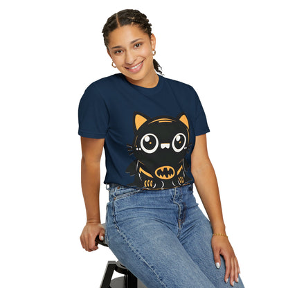 Superhero Cat T-Shirt - Cute Batman-Inspired Parody Design for Cat Lovers - High Quality Image