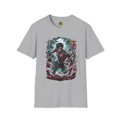 Eren Yeager in mid-transformation into the Attack Titan, symbolizing his awakening and the unleashing of his power on a high-quality black t-shirt, designed by Vibroprint Studio.