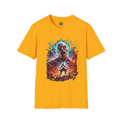 Eren Yeager in mid-transformation, symbolizing his role as the judge of humanity, on a high-quality black t-shirt designed by Vibroprint Studio.

