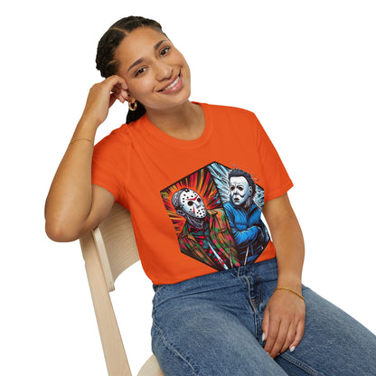 vintage horror shirt - Funny Jason & Michael Myers Shirt | Halloween Horror T-Shirt - unique graphic tee. limited edition vintage horror design. Order yours now and stand out with this exclusive piece!