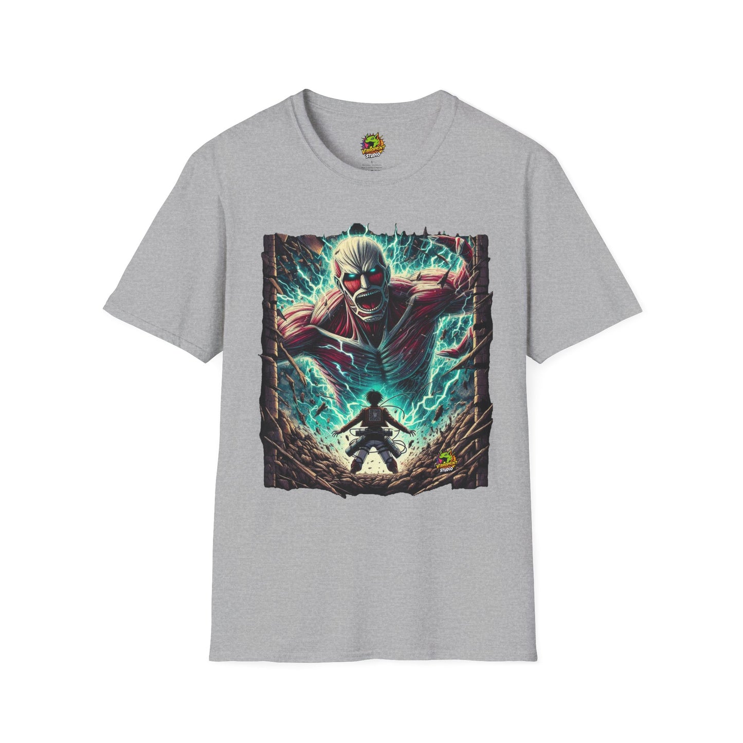 Eren Yeager in mid-transformation, rising as the Attack Titan, symbolizing his ascension to power on a high-quality black t-shirt, designed by Vibroprint Studio.

