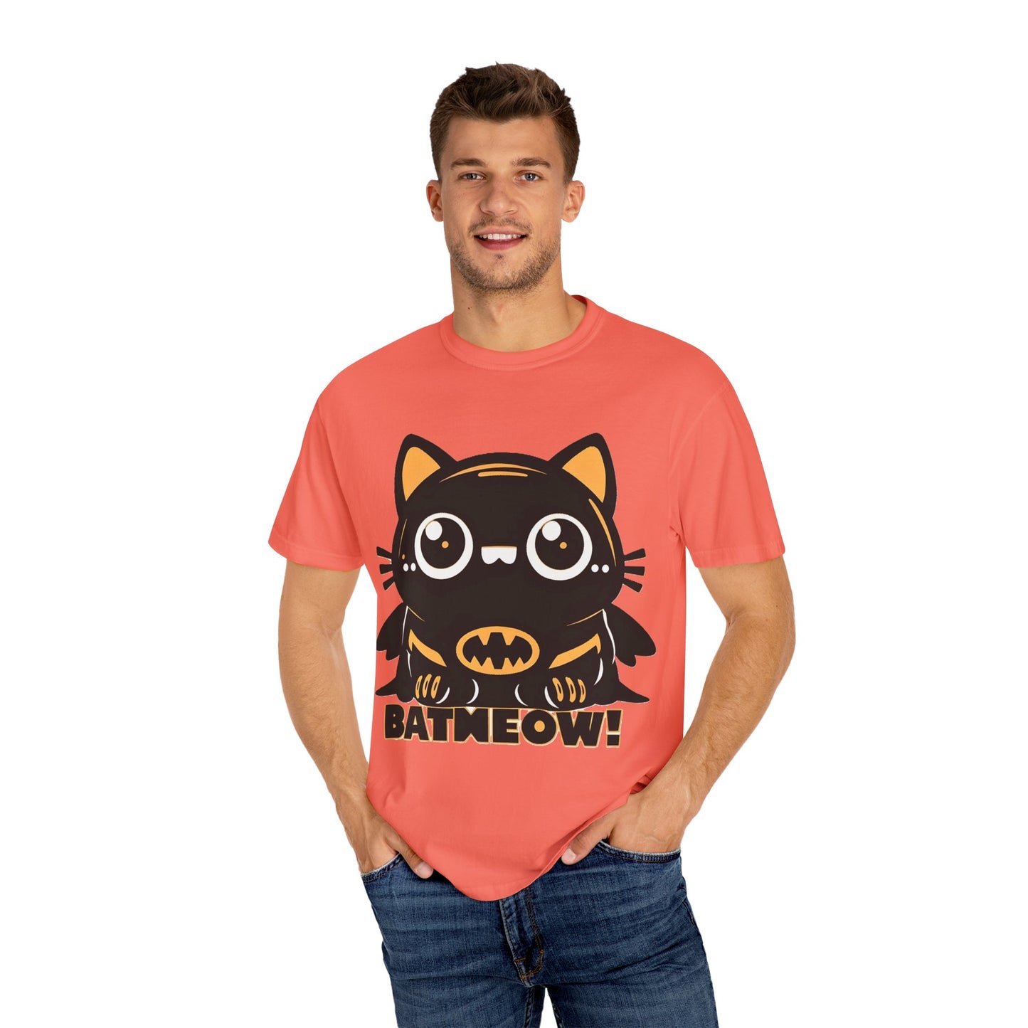 Superhero Cat T-Shirt - Cute Batman-Inspired Parody Design for Cat Lovers - High Quality Image