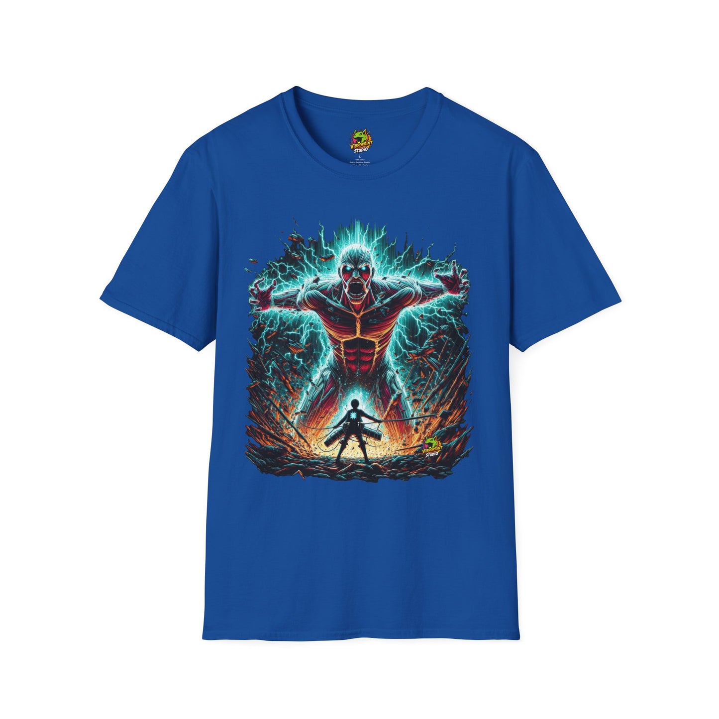 Eren Yeager mid-transformation into the Attack Titan, radiating fury and power, on a high-quality black t-shirt, designed by Vibroprint Studio.