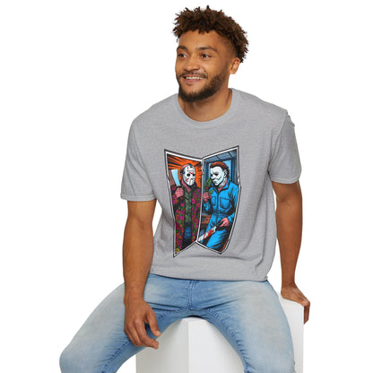 horror-themed apparel - Jason Voorhees & Michael Myers Shirt | Funny Halloween Horror Tee - limited edition. spooky season t-shirt with unique flair. Order yours now and stand out with this exclusive piece!