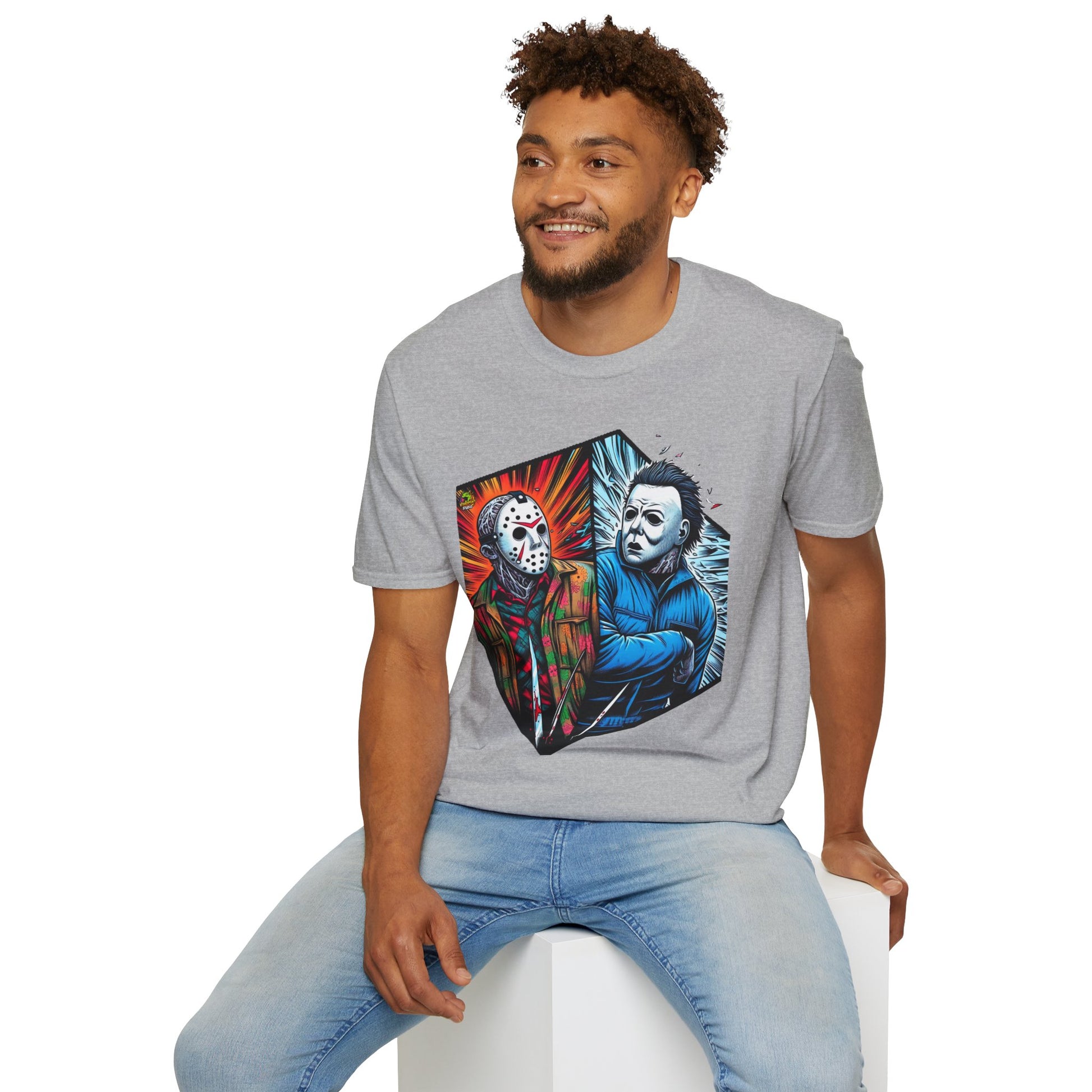 spooky season fashion - Funny Jason & Michael Myers Shirt | Halloween Horror T-Shirt - exclusive artwork. unique graphic tee featuring iconic horror characters. Order yours now and stand out with this exclusive piece!