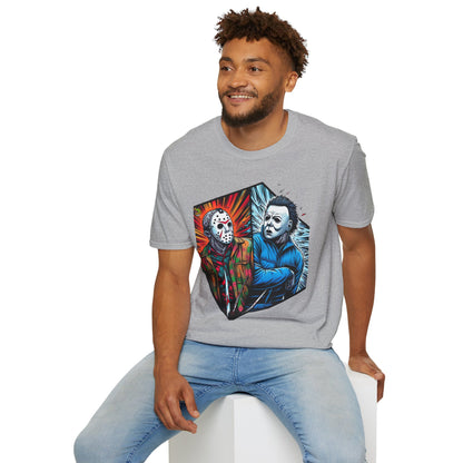 spooky season fashion - Funny Jason & Michael Myers Shirt | Halloween Horror T-Shirt - exclusive artwork. unique graphic tee featuring iconic horror characters. Order yours now and stand out with this exclusive piece!