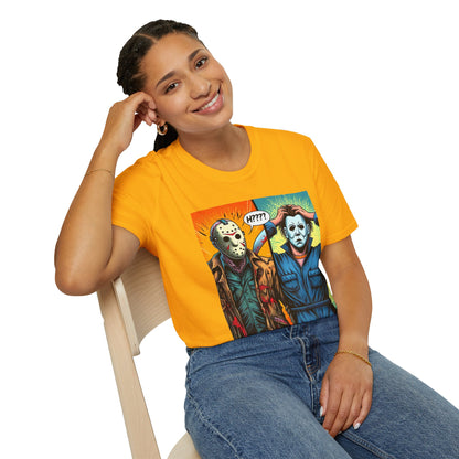 horror-themed apparel - Jason Voorhees & Michael Myers Shirt | Funny Halloween Picnic Tee - exclusive artwork. perfect Halloween gift for fans of horror culture. Order yours now and stand out with this exclusive piece!