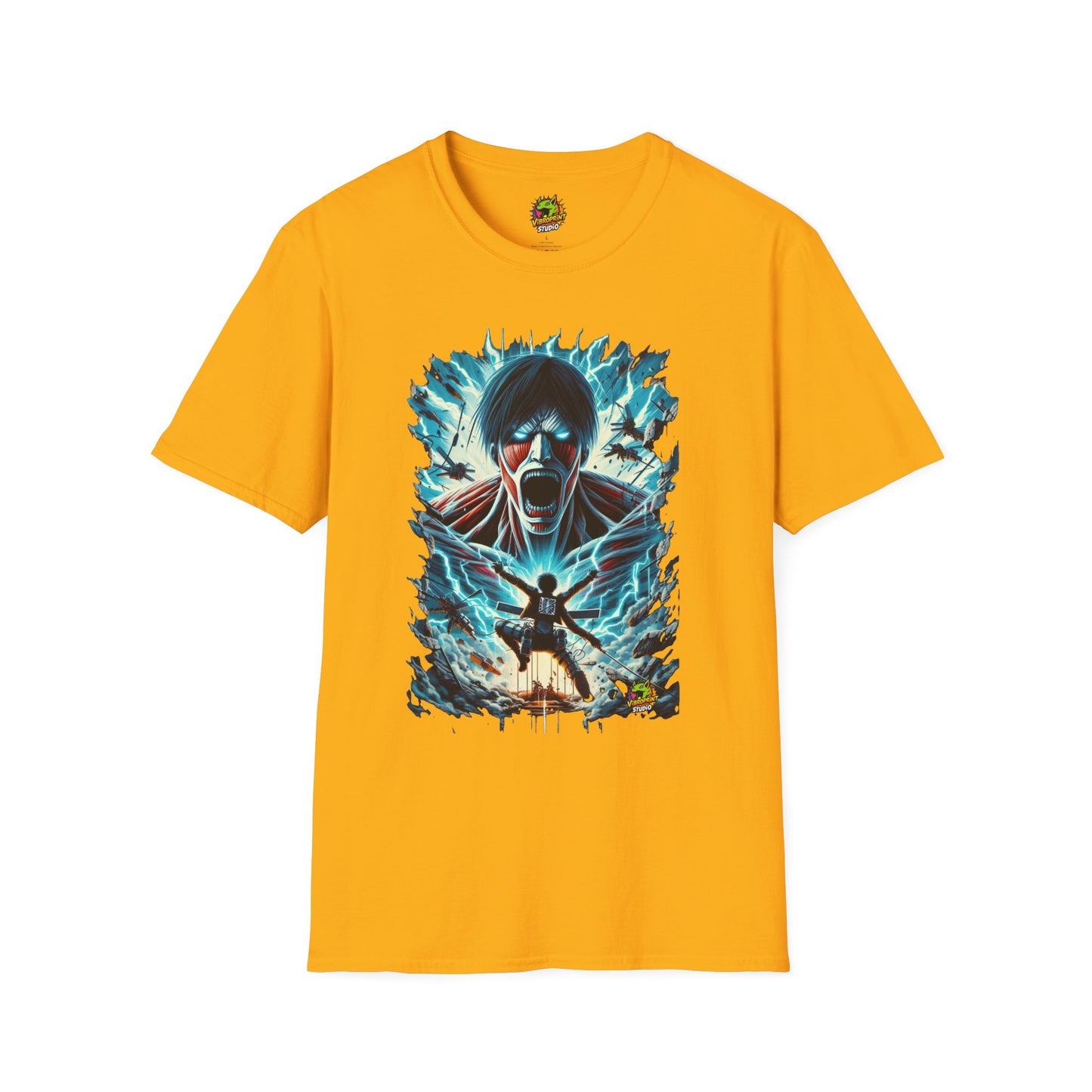 Eren Yeager mid-transformation into the Attack Titan, showcasing his unstoppable fury, on a high-quality black t-shirt, designed by Vibroprint Studio.