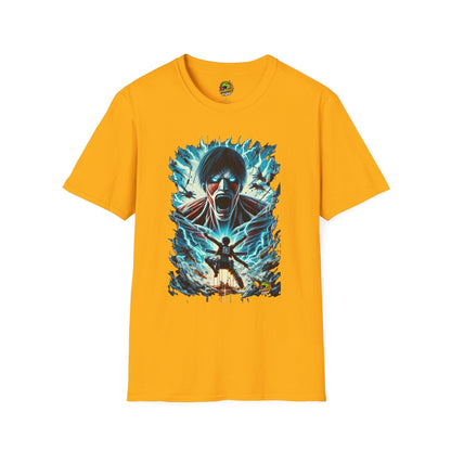 Eren Yeager mid-transformation into the Attack Titan, showcasing his unstoppable fury, on a high-quality black t-shirt, designed by Vibroprint Studio.