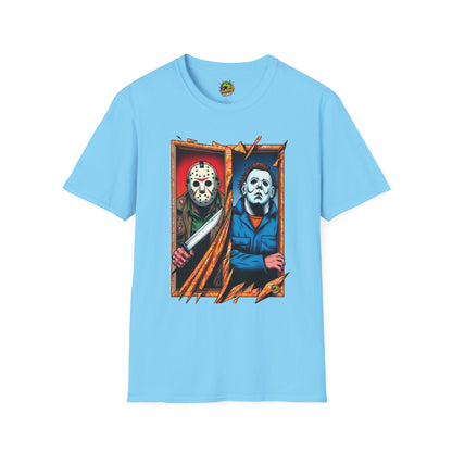 Halloween graphic tee - Michael Myers Vintage Tee | Jason Voorhees Funny Picnic Scene - trending style. unique graphic tee featuring iconic horror characters. Order yours now and stand out with this exclusive piece!