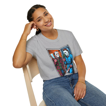 Halloween graphic tee - Jason Voorhees & Michael Myers Shirt | Funny Halloween Horror Tee - bold design. spooky season t-shirt with unique flair. Order yours now and stand out with this exclusive piece!