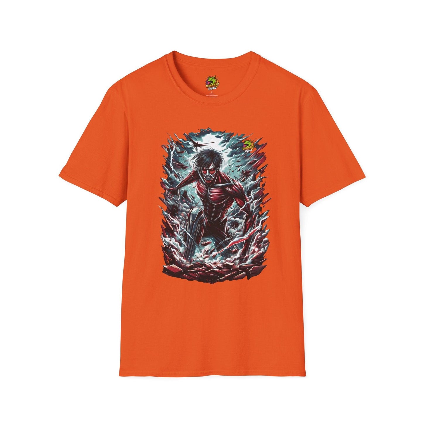 Eren Yeager in mid-transformation into the Attack Titan, symbolizing his awakening and the unleashing of his power on a high-quality black t-shirt, designed by Vibroprint Studio.