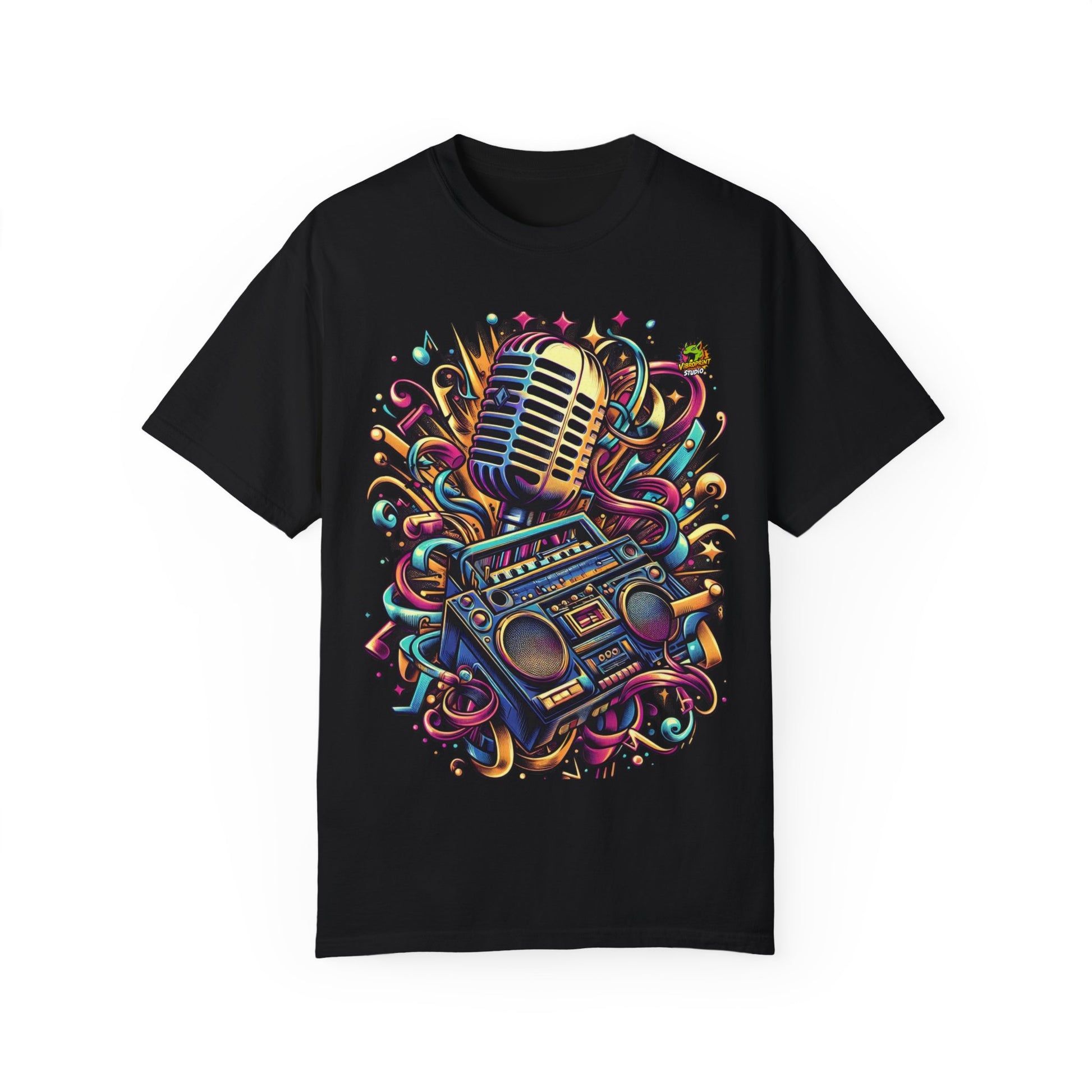 Rapper Merch Boombox & Microphone Fusion | Hip-Hop Beats T-Shirt Design - High Quality Image