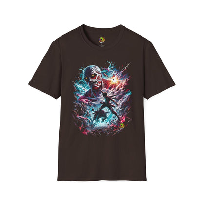 Eren Yeager in mid-transformation into the Attack Titan, showcasing his strength and power, on a high-quality black t-shirt, designed by Vibroprint Studio.