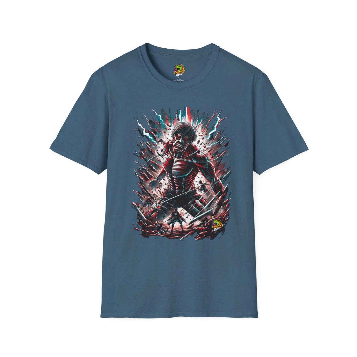 Eren Yeager mid-transformation into the Attack Titan, showcasing his wrath and fury, on a high-quality black t-shirt, designed by Vibroprint Studio.