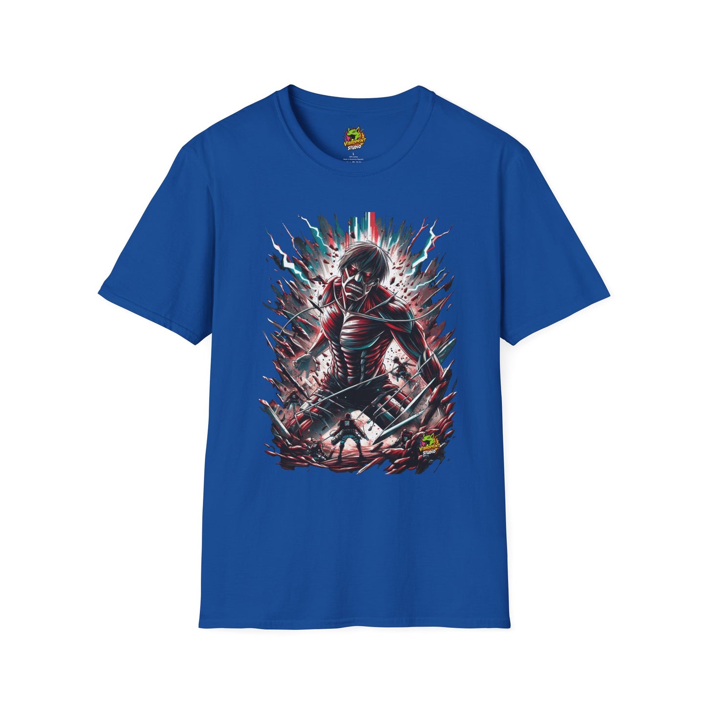 Eren Yeager mid-transformation into the Attack Titan, showcasing his wrath and fury, on a high-quality black t-shirt, designed by Vibroprint Studio.