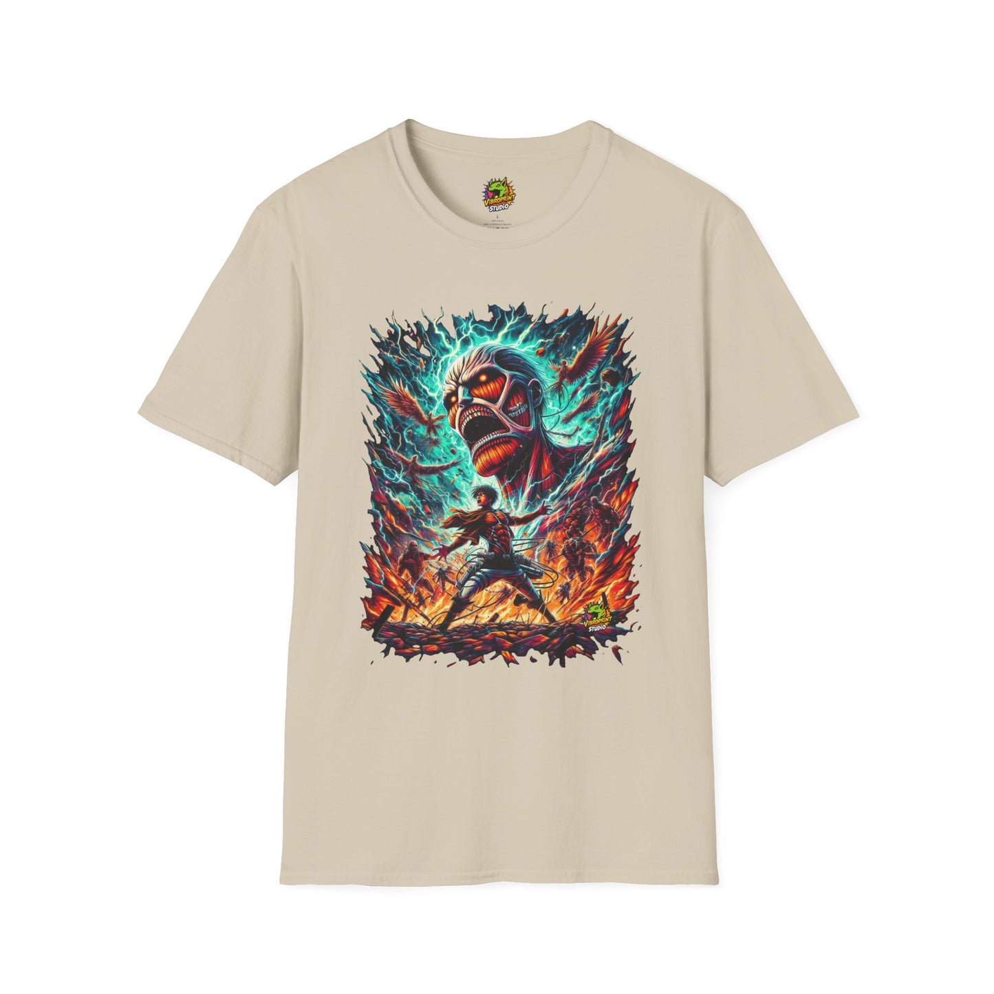 Eren Yeager mid-transformation into the Attack Titan, showcasing his fury and strength, on a high-quality black t-shirt, designed by Vibroprint Studio.