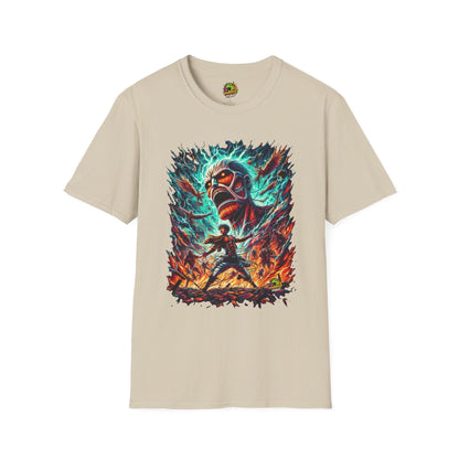 Eren Yeager mid-transformation into the Attack Titan, showcasing his fury and strength, on a high-quality black t-shirt, designed by Vibroprint Studio.