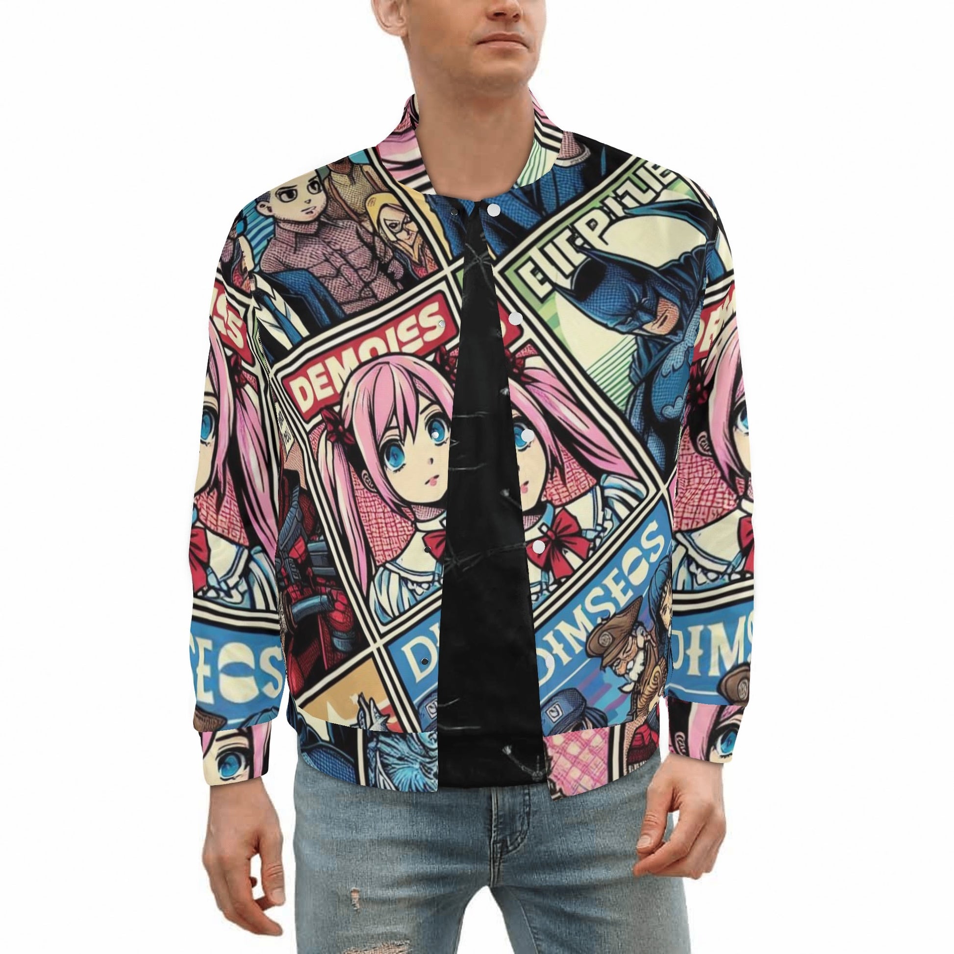 Stylish Unisex Anime Varsity Bomber Jacket - [Color/Specific Design Feature, e.g.,Black with Dragon Graphic] - Shown on Model/Flat Lay