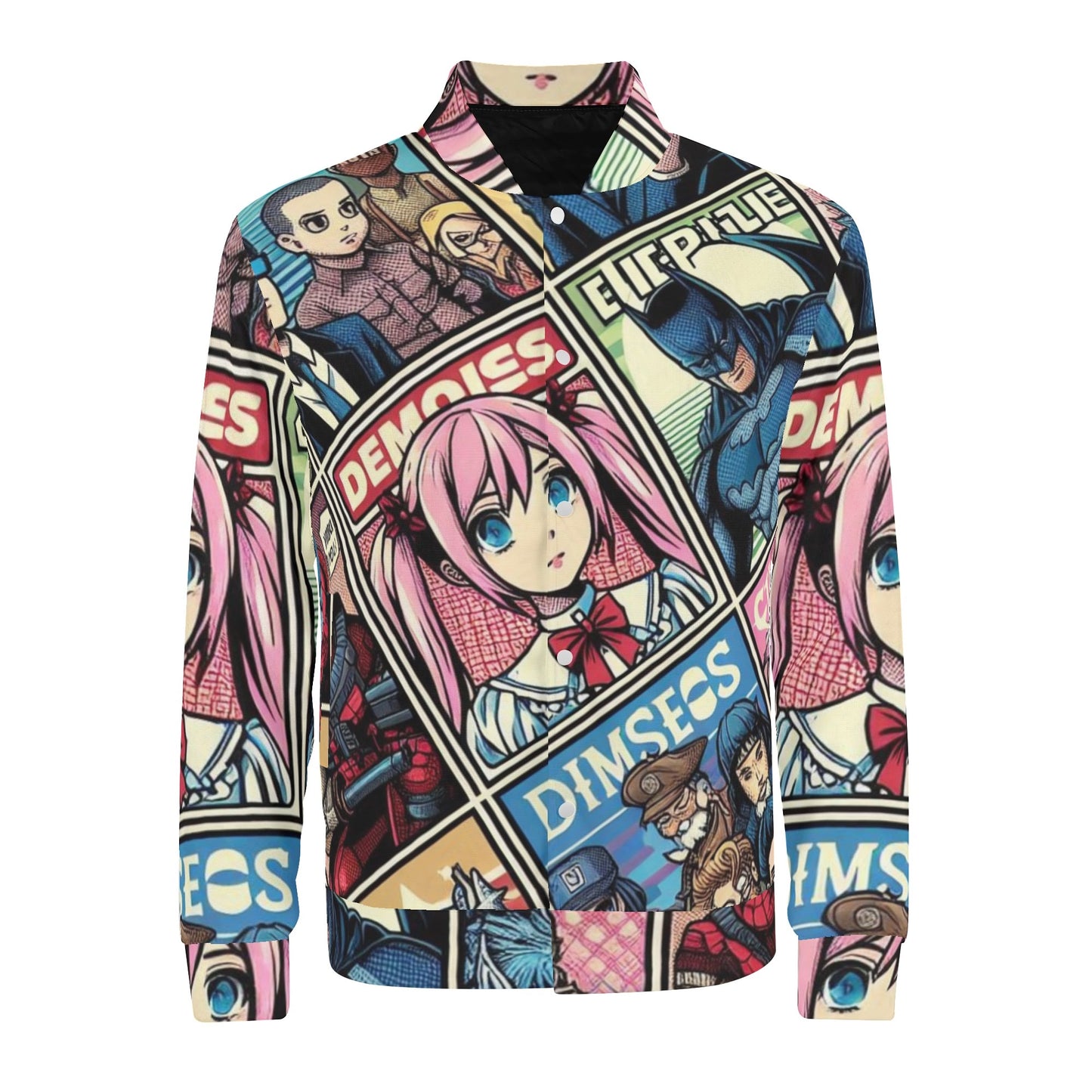 Back View of Model Wearing Navy Blue Anime Varsity Bomber Jacket with Sakura Blossom Print – Showcasing the fit and full design. (Specifies the color and design, while emphasizing the model view and the back of the jacket.)