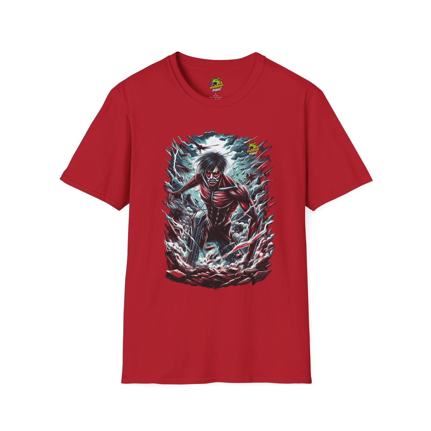 Eren Yeager in mid-transformation into the Attack Titan, symbolizing his awakening and the unleashing of his power on a high-quality black t-shirt, designed by Vibroprint Studio.