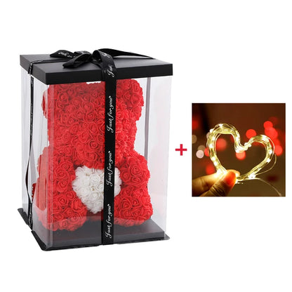 Gift Boxed 25cm LED Rose Bear with artificial flowers, Valentine's Day gift.