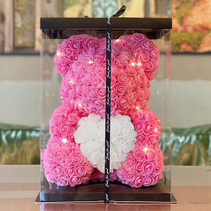 LED Rose Bear: 25cm Teddy with artificial flowers, gift-boxed.